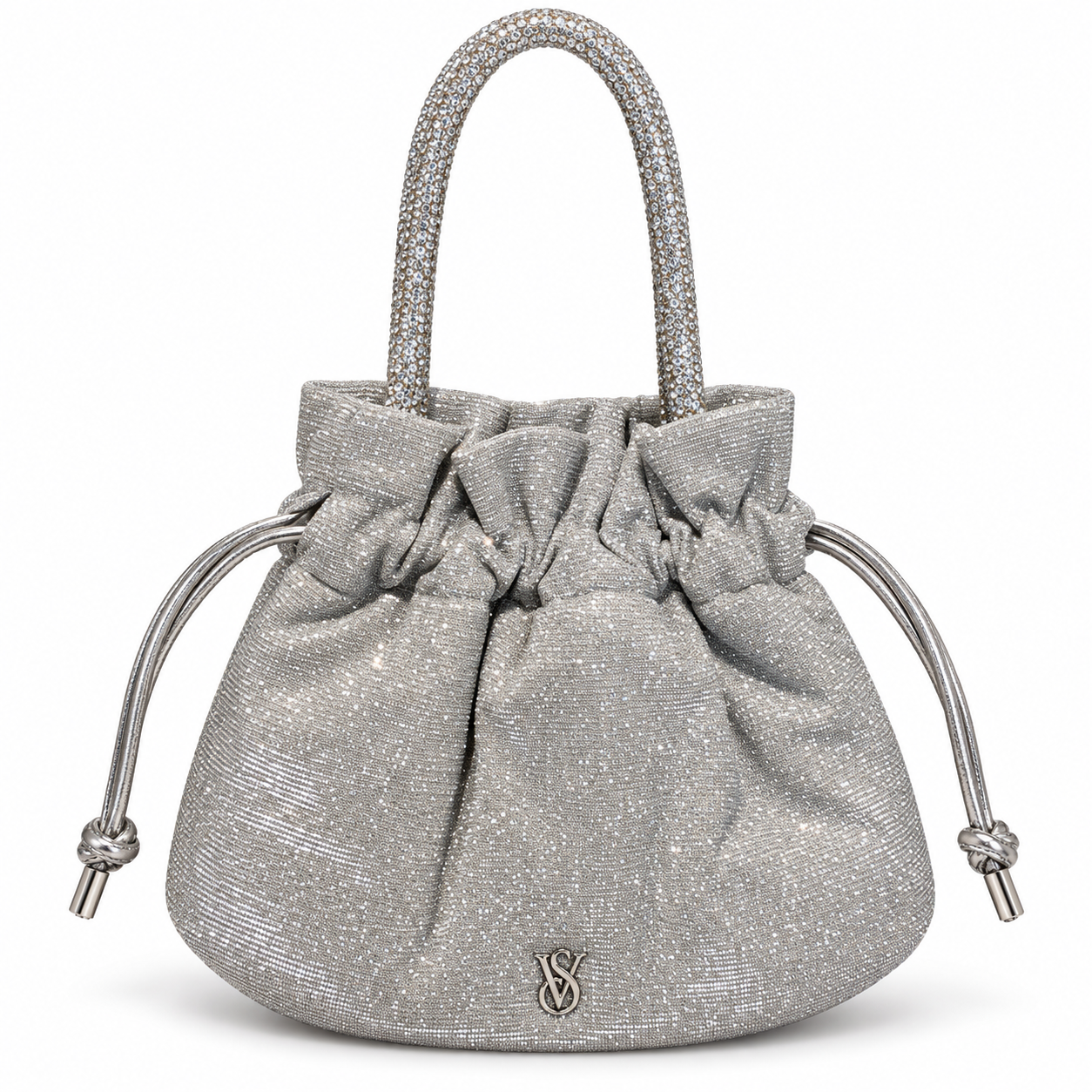 Bolso de mano Victoria’s Secret plateado con brillos, fondo blanco